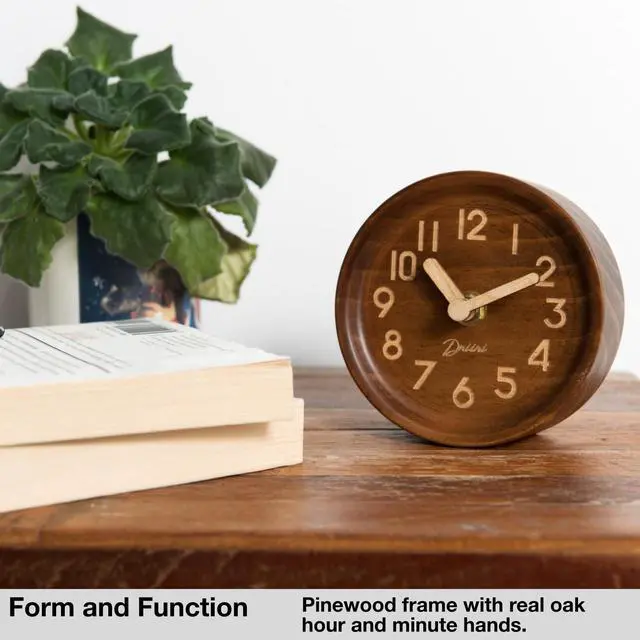 Alt view image 2 of 7 - Wooden Analog Desktop Clock 4.3 in. Decorative Pinewood, No-Tick Design Easy to Read Silent Sweep Mantle Clock Quiet Tabletop Clocks with Wood Body, Hands, & Battery Cover; Dark