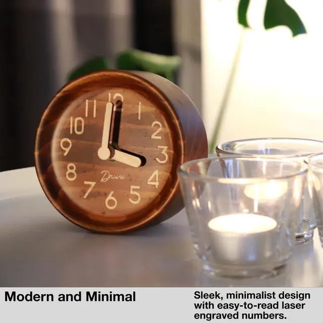 Alt view image 6 of 7 - Wooden Analog Desktop Clock 4.3 in. Decorative Pinewood, No-Tick Design Easy to Read Silent Sweep Mantle Clock Quiet Tabletop Clocks with Wood Body, Hands, & Battery Cover; Dark