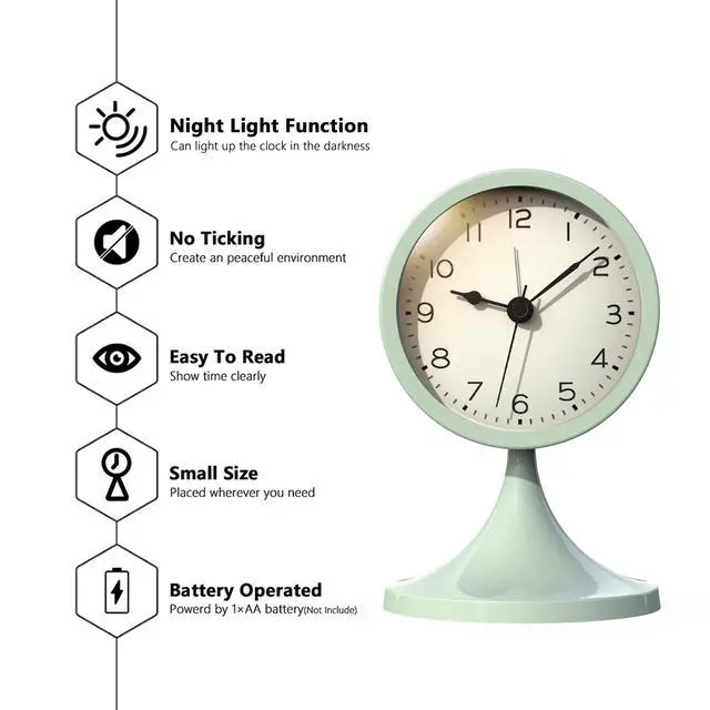 Alt view image 2 of 7 - 3" Cute Analog Alarm Clock,Small Retro Table Clock Battery Operated,Slient Metal Desk Clock with Light for Living Room Decor,Bedroom,Bedside,ShelfGreen