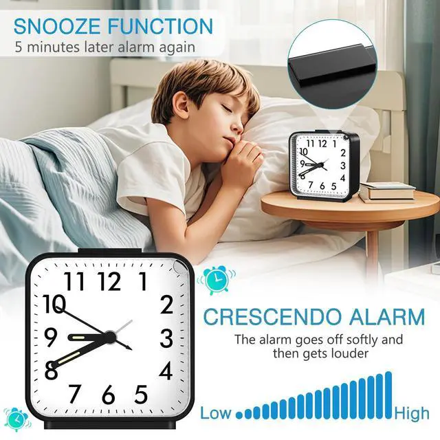 Alt view image 3 of 7 - Analog Alarm Clock, Silent Non Ticking Small Clock, Travel Alarm Clock with Snooze & Light, Ascending Beep Sounds, Battery Operated Loud Alarm Clock for Bedroom, Bedside, Desk (Black)