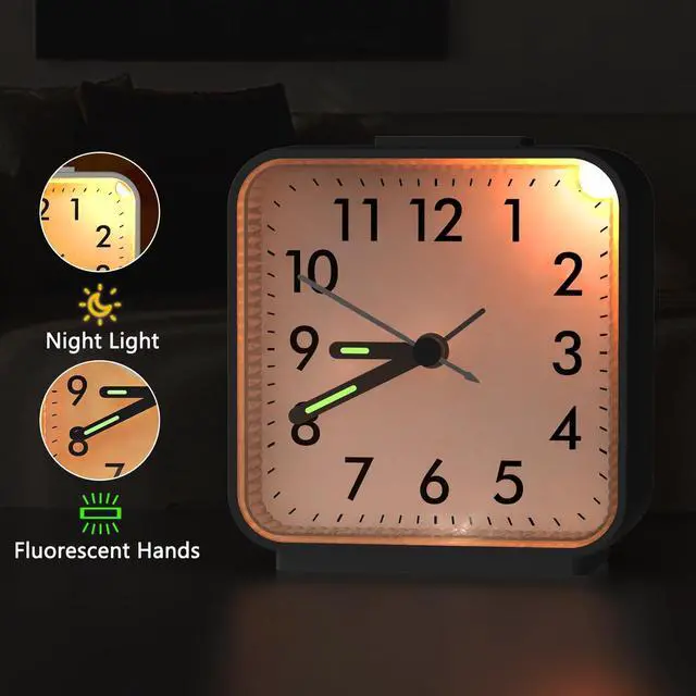 Alt view image 4 of 7 - Analog Alarm Clock, Silent Non Ticking Small Clock, Travel Alarm Clock with Snooze & Light, Ascending Beep Sounds, Battery Operated Loud Alarm Clock for Bedroom, Bedside, Desk (Black)