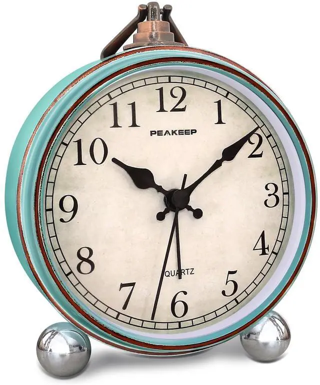 Main image of 4" Small Battery Operated Antique Retro Analog Alarm Clock for Room Decor, Silent Elegant Bedside Desk Table Gift Clock