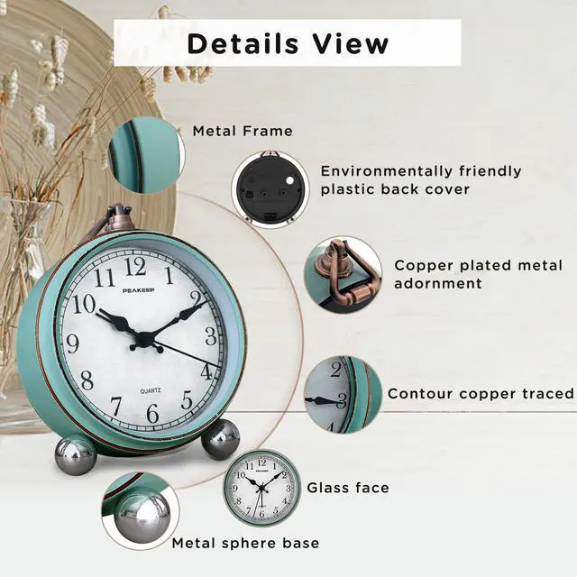 Alt view image 3 of 7 - 4" Small Battery Operated Antique Retro Analog Alarm Clock for Room Decor, Silent Elegant Bedside Desk Table Gift Clock