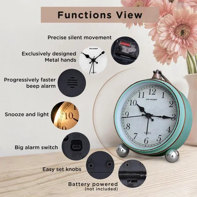 Alt view image 4 of 7 - 4" Small Battery Operated Antique Retro Analog Alarm Clock for Room Decor, Silent Elegant Bedside Desk Table Gift Clock