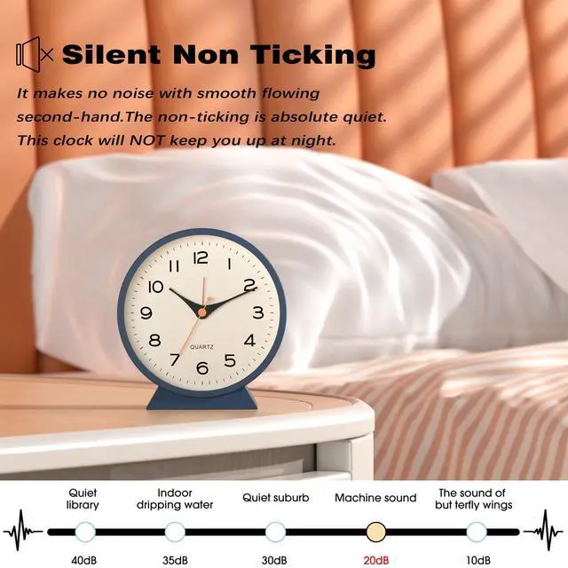 Alt view image 6 of 7 - 4.5" Analog Alarm Clock,Small Retro Desk Clock Battery Operated,Silent Metal Table Clock with Light for Living Room Decor,Bedroom,Bedside,Shelf (Blue)