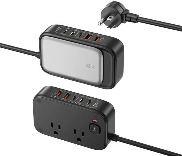 Main image of Travel Power Strip, Fast USB Charging Station 65W Max 7-in-1 USB Charger with 2 Outlets 3 USB C & 2 USB A, 5FT Flat Extension Cord for Travel, Home, Office,Dorm,Cruise Essentials (Black)