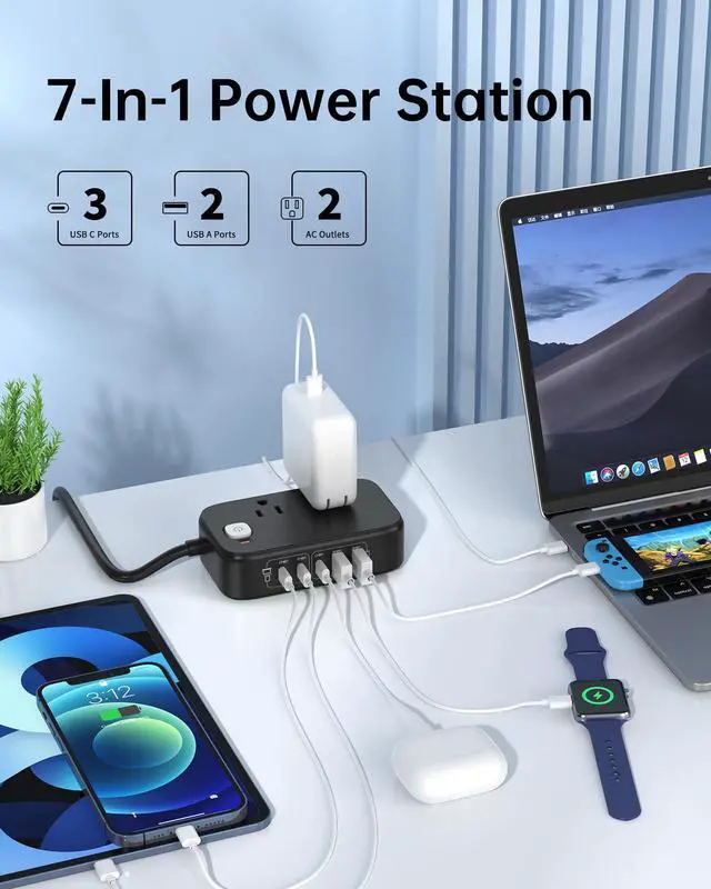 Alt view image 3 of 7 - Travel Power Strip, Fast USB Charging Station 65W Max 7-in-1 USB Charger with 2 Outlets 3 USB C & 2 USB A, 5FT Flat Extension Cord for Travel, Home, Office,Dorm,Cruise Essentials (Black)