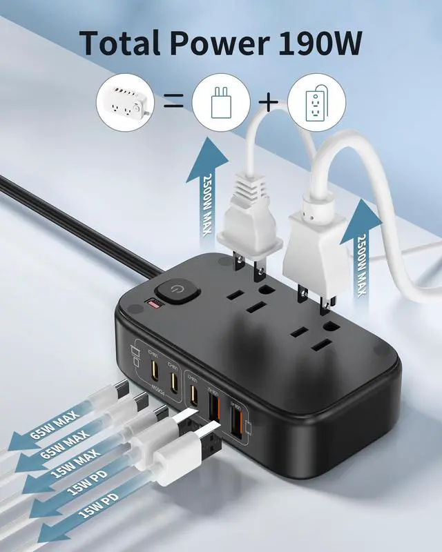 Alt view image 6 of 7 - Travel Power Strip, Fast USB Charging Station 65W Max 7-in-1 USB Charger with 2 Outlets 3 USB C & 2 USB A, 5FT Flat Extension Cord for Travel, Home, Office,Dorm,Cruise Essentials (Black)