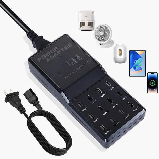 Main image of 65W 12-in-1 USB-C Charging Station for iPhone 16 Pro/Max, MacBook Pro/Air, iPad Pro | 12 USB-C Ports Desktop Charger, 5ft Flat Power Cord | Home & Office Use