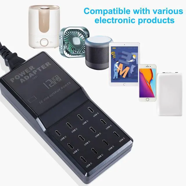 Alt view image 3 of 7 - 65W 12-in-1 USB-C Charging Station for iPhone 16 Pro/Max, MacBook Pro/Air, iPad Pro | 12 USB-C Ports Desktop Charger, 5ft Flat Power Cord | Home & Office Use