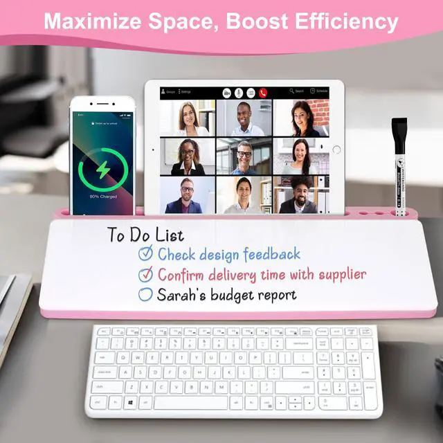 Alt view image 2 of 7 - Desktop Glass Whiteboard with Storage, Pink Desk Dry Erase White Board with Computer Keyboard Stand, Desk Organizers and Accessories with Removable Cubicles for Office, Home, College, School