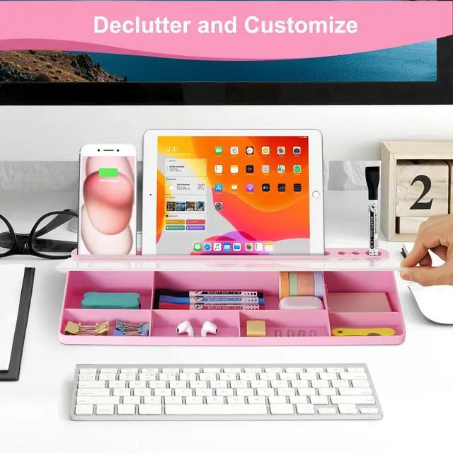 Alt view image 5 of 7 - Desktop Glass Whiteboard with Storage, Pink Desk Dry Erase White Board with Computer Keyboard Stand, Desk Organizers and Accessories with Removable Cubicles for Office, Home, College, School