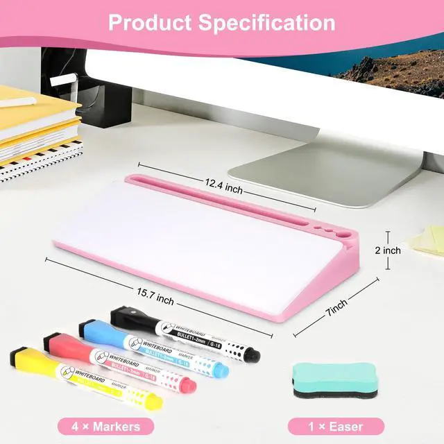Alt view image 6 of 7 - Desktop Glass Whiteboard with Storage, Pink Desk Dry Erase White Board with Computer Keyboard Stand, Desk Organizers and Accessories with Removable Cubicles for Office, Home, College, School