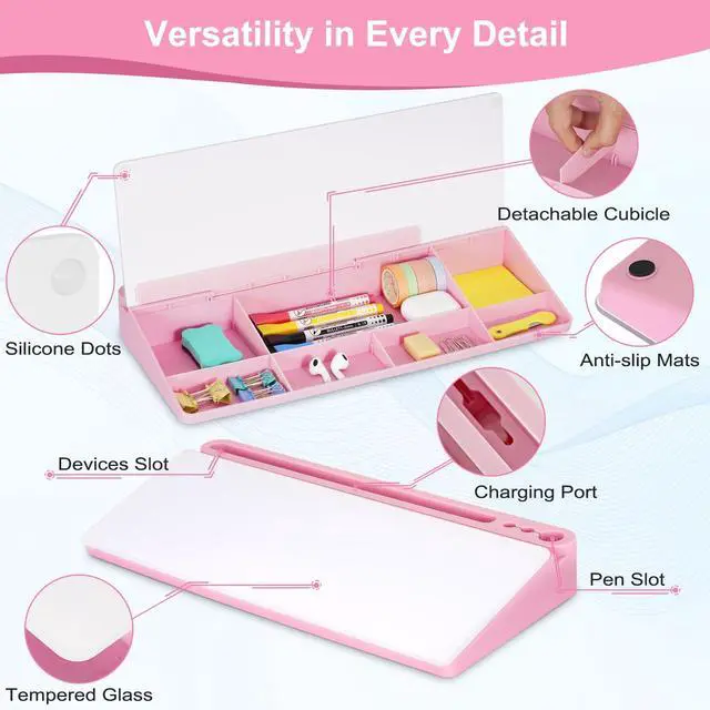 Alt view image 7 of 7 - Desktop Glass Whiteboard with Storage, Pink Desk Dry Erase White Board with Computer Keyboard Stand, Desk Organizers and Accessories with Removable Cubicles for Office, Home, College, School