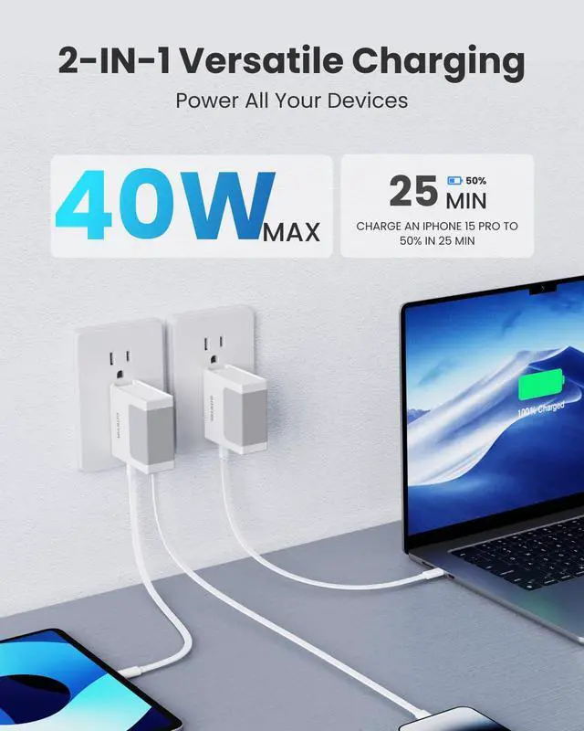 Alt view image 4 of 7 - Portable USB C Charger Block, Retractable Wall Charger, 40W PD Fast Charging Block with 33.5in Type-C Cable, Power Adapter with Foldable Plug for iPhone 17/16/15, Galaxy S23 22, White