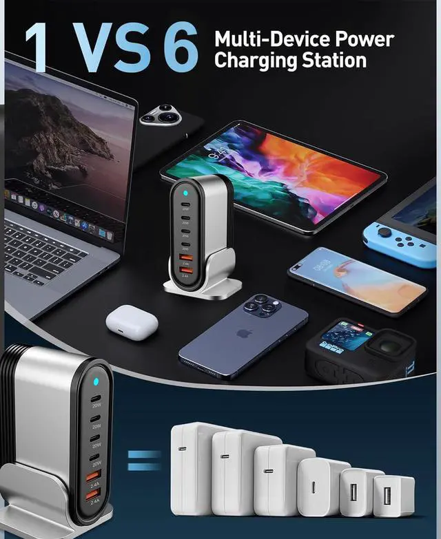 Alt view image 2 of 7 - USB C Fast Charger : 6 Port Desktop Multiple Devices Power Adapter for Laptop MacBook Pro/Air, DELL, Tablet iPad Pro/Air, iPhone 16/15/14, Galaxy S23/22