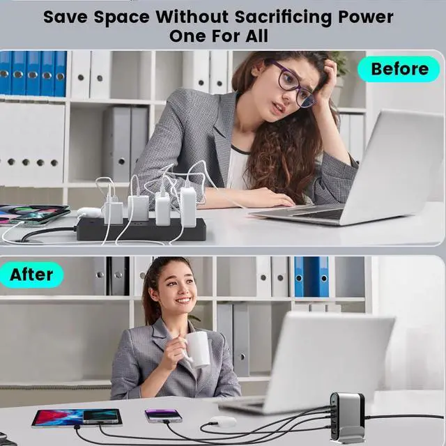 Alt view image 4 of 7 - USB C Fast Charger : 6 Port Desktop Multiple Devices Power Adapter for Laptop MacBook Pro/Air, DELL, Tablet iPad Pro/Air, iPhone 16/15/14, Galaxy S23/22