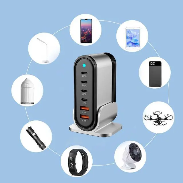 Alt view image 6 of 7 - USB C Fast Charger : 6 Port Desktop Multiple Devices Power Adapter for Laptop MacBook Pro/Air, DELL, Tablet iPad Pro/Air, iPhone 16/15/14, Galaxy S23/22