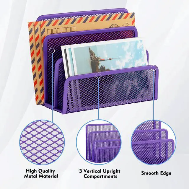 Alt view image 3 of 7 - Desk Mail Organizer, Office Small Desktop Metal Mesh Envelope Letter Sorter Paper File Holder Organizer with 3 Vertical Upright Compartments, Purple 2 Pack