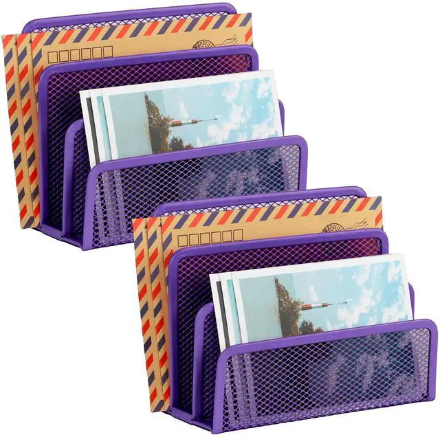 Main image of Desk Mail Organizer, Office Small Desktop Metal Mesh Envelope Letter Sorter Paper File Holder Organizer with 3 Vertical Upright Compartments, Purple 2 Pack