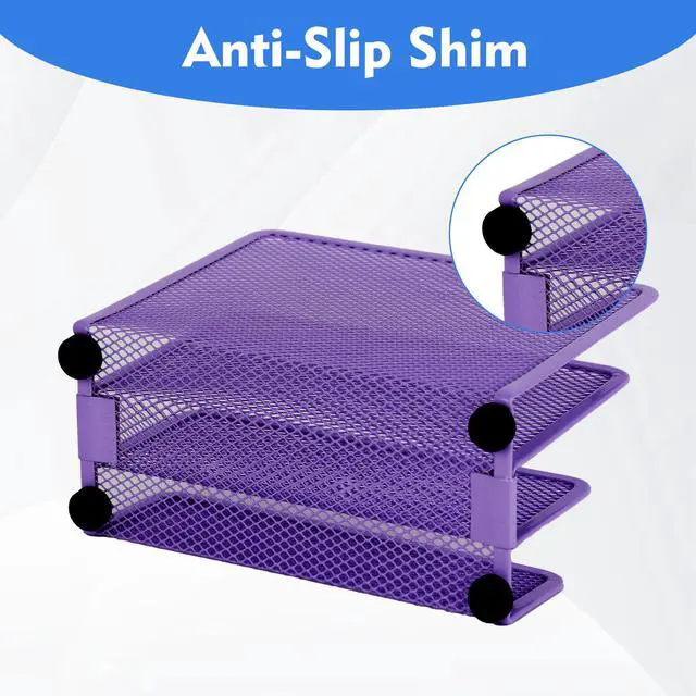 Alt view image 4 of 7 - Desk Mail Organizer, Office Small Desktop Metal Mesh Envelope Letter Sorter Paper File Holder Organizer with 3 Vertical Upright Compartments, Purple 2 Pack