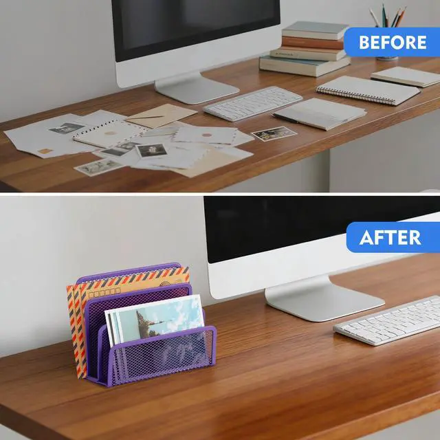 Alt view image 7 of 7 - Desk Mail Organizer, Office Small Desktop Metal Mesh Envelope Letter Sorter Paper File Holder Organizer with 3 Vertical Upright Compartments, Purple 2 Pack
