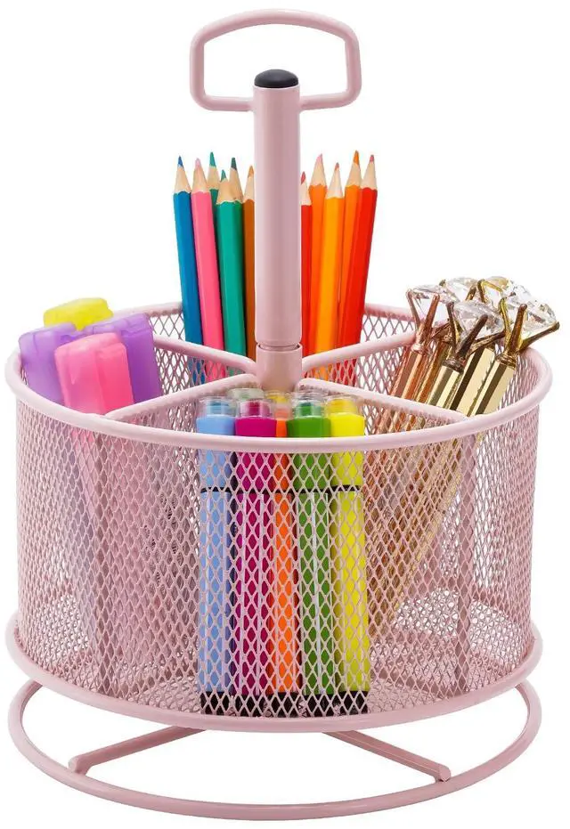 Main image of Mesh Desk Organizer, 360-Degree Rotating Multi-Functional Pen Holder, 4 Compartments Desktop Stationary Organizer, Home Office Art Supply Storage Box Caddy (Pink)