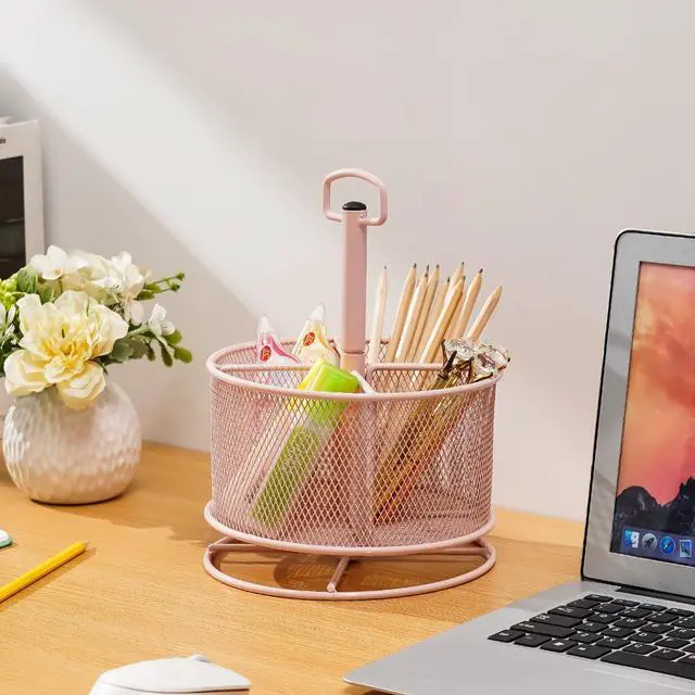 Alt view image 2 of 6 - Mesh Desk Organizer, 360-Degree Rotating Multi-Functional Pen Holder, 4 Compartments Desktop Stationary Organizer, Home Office Art Supply Storage Box Caddy (Pink)