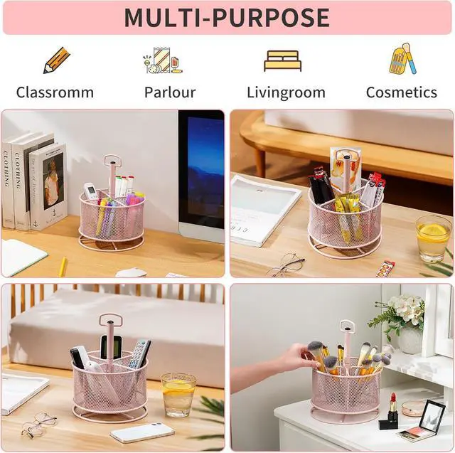 Alt view image 3 of 6 - Mesh Desk Organizer, 360-Degree Rotating Multi-Functional Pen Holder, 4 Compartments Desktop Stationary Organizer, Home Office Art Supply Storage Box Caddy (Pink)