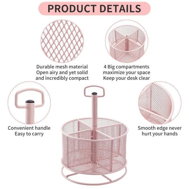 Alt view image 4 of 6 - Mesh Desk Organizer, 360-Degree Rotating Multi-Functional Pen Holder, 4 Compartments Desktop Stationary Organizer, Home Office Art Supply Storage Box Caddy (Pink)