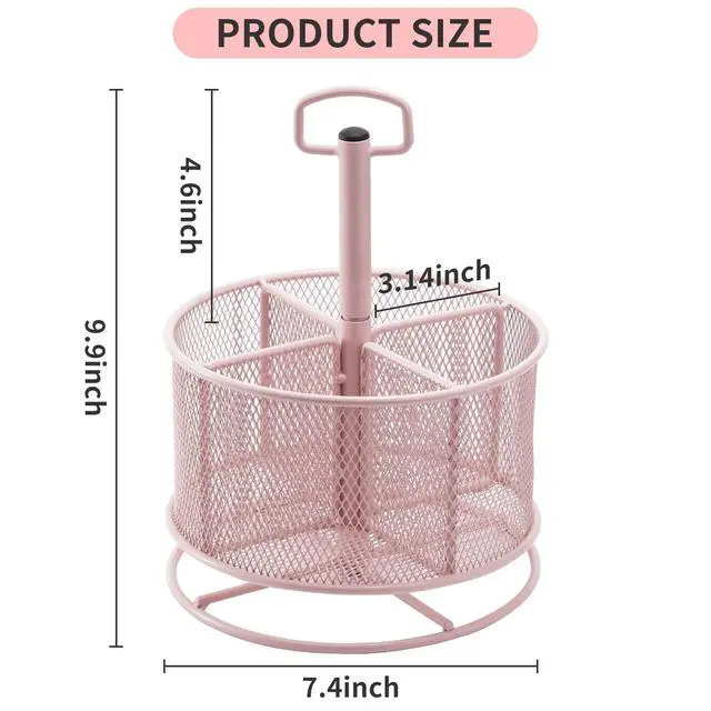 Alt view image 6 of 6 - Mesh Desk Organizer, 360-Degree Rotating Multi-Functional Pen Holder, 4 Compartments Desktop Stationary Organizer, Home Office Art Supply Storage Box Caddy (Pink)