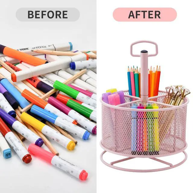 Alt view image 5 of 6 - Mesh Desk Organizer, 360-Degree Rotating Multi-Functional Pen Holder, 4 Compartments Desktop Stationary Organizer, Home Office Art Supply Storage Box Caddy (Pink)