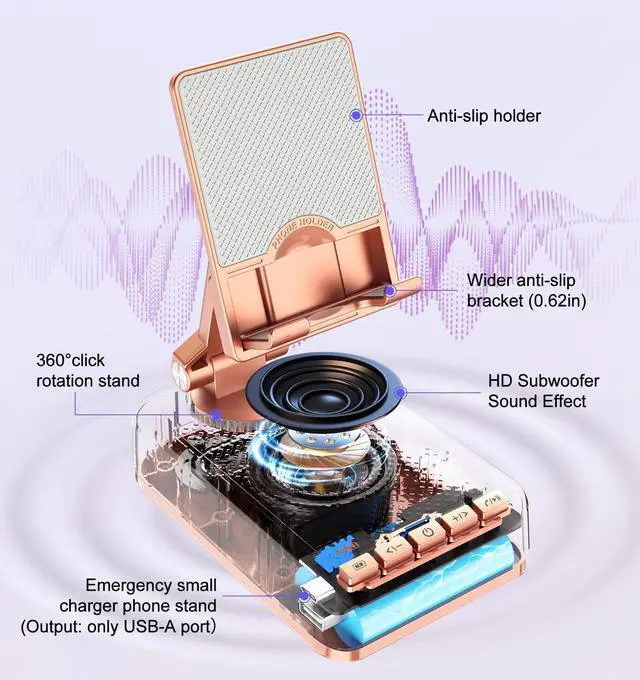 Alt view image 3 of 7 - Gifts for Women Girls, Bluetooth Speaker Phone Stand with Charging Function 360° Rotable Adjustable Cell Phone Holder with HD Surround Sound for Desk Fits All Phones,Tablet (Rose Gold)
