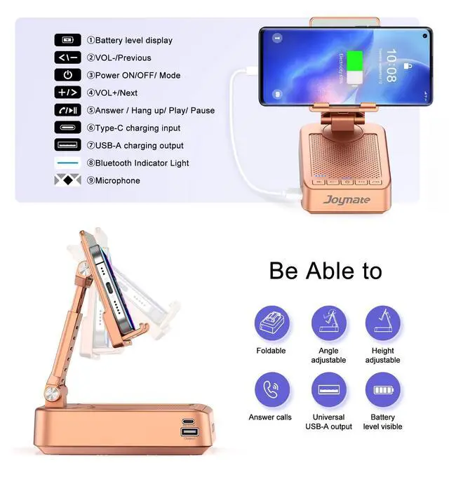 Alt view image 4 of 7 - Gifts for Women Girls, Bluetooth Speaker Phone Stand with Charging Function 360° Rotable Adjustable Cell Phone Holder with HD Surround Sound for Desk Fits All Phones,Tablet (Rose Gold)
