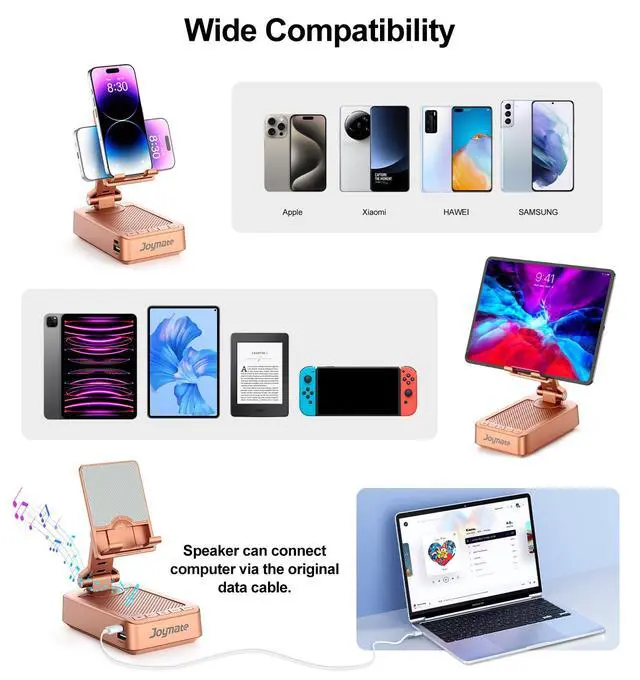 Alt view image 5 of 7 - Gifts for Women Girls, Bluetooth Speaker Phone Stand with Charging Function 360° Rotable Adjustable Cell Phone Holder with HD Surround Sound for Desk Fits All Phones,Tablet (Rose Gold)