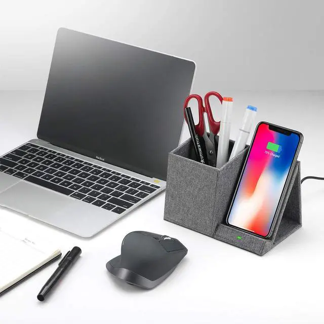 Alt view image 5 of 7 - Fast Wireless Charger with Desk Organizer, Desk Phone Charger Compatible with 12/12 Pro/12 Pro Max/12 Mini/SE /11/11 Pro Max/XS, Galaxy S20/S20+/S10/Note 10/Note 9/(No AC Adapter)