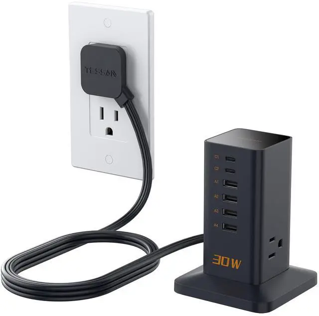 Main image of Charging Station for Multiple Devices, 9-in-1 USB C Power Strip for iPhone 17/16/15, MacBook, Tablet, Desktop Phone Fast Charger with 3 AC, USB Charger, Home Drom Office Accessories, Black-30W