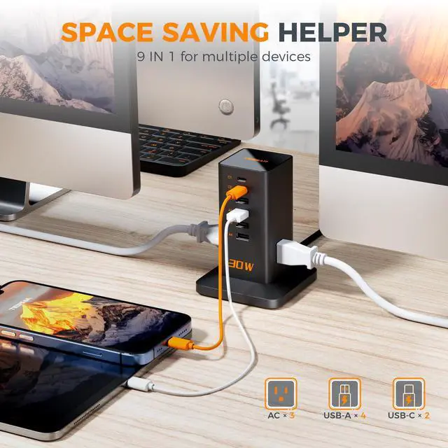 Alt view image 2 of 6 - Charging Station for Multiple Devices, 9-in-1 USB C Power Strip for iPhone 17/16/15, MacBook, Tablet, Desktop Phone Fast Charger with 3 AC, USB Charger, Home Drom Office Accessories, Black-30W