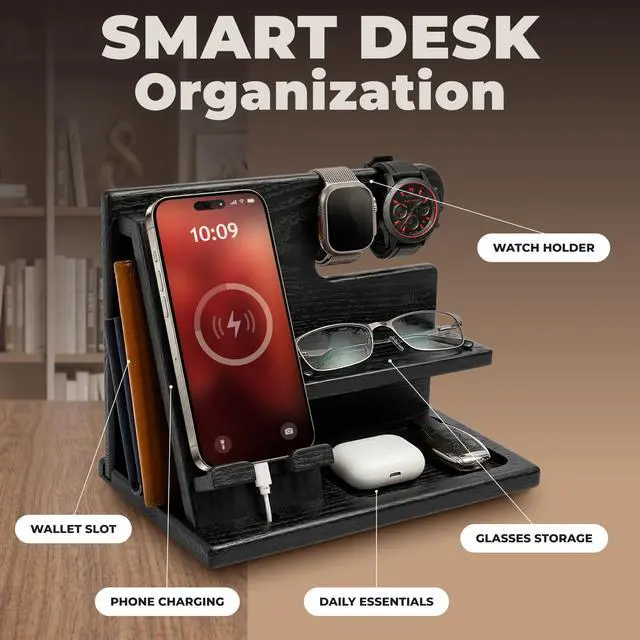 Alt view image 3 of 7 - Wood Phone Docking Station for Men - Desktop or Nightstand Organizer - Birthday Gifts for Men, Dad - Anniversary Idea from Wife - Key Holder, Stand Wallet, Watch & Essentials (Granite Black)