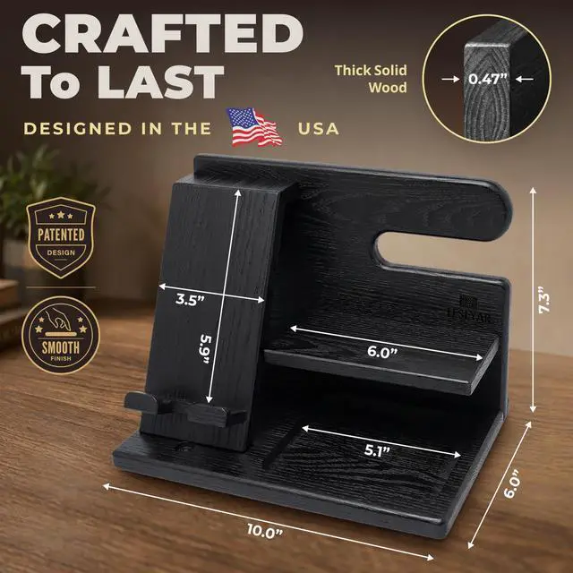 Alt view image 5 of 7 - Wood Phone Docking Station for Men - Desktop or Nightstand Organizer - Birthday Gifts for Men, Dad - Anniversary Idea from Wife - Key Holder, Stand Wallet, Watch & Essentials (Granite Black)