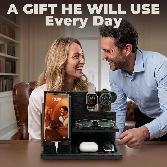 Alt view image 4 of 7 - Wood Phone Docking Station for Men - Desktop or Nightstand Organizer - Birthday Gifts for Men, Dad - Anniversary Idea from Wife - Key Holder, Stand Wallet, Watch & Essentials (Granite Black)