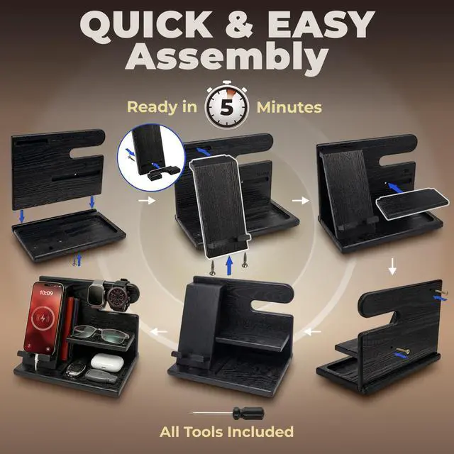 Alt view image 6 of 7 - Wood Phone Docking Station for Men - Desktop or Nightstand Organizer - Birthday Gifts for Men, Dad - Anniversary Idea from Wife - Key Holder, Stand Wallet, Watch & Essentials (Granite Black)