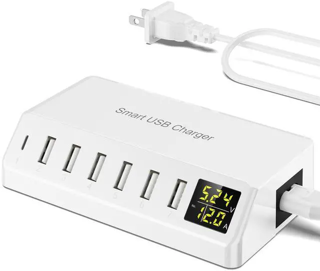 Main image of USB Charger 60W 7-Port USB Desktop Charger with LED Screen, Multi-Device Charging Station with Real-Time Power Monitoring for Phone,Fast Charging Hub for Home, Office, Travel (White)