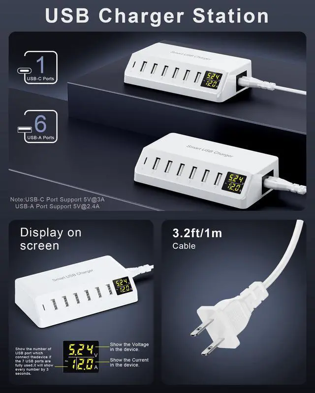 Alt view image 2 of 7 - USB Charger 60W 7-Port USB Desktop Charger with LED Screen, Multi-Device Charging Station with Real-Time Power Monitoring for Phone,Fast Charging Hub for Home, Office, Travel (White)