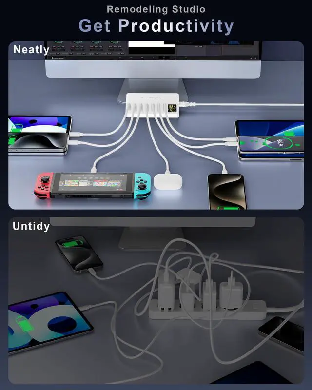 Alt view image 5 of 7 - USB Charger 60W 7-Port USB Desktop Charger with LED Screen, Multi-Device Charging Station with Real-Time Power Monitoring for Phone,Fast Charging Hub for Home, Office, Travel (White)