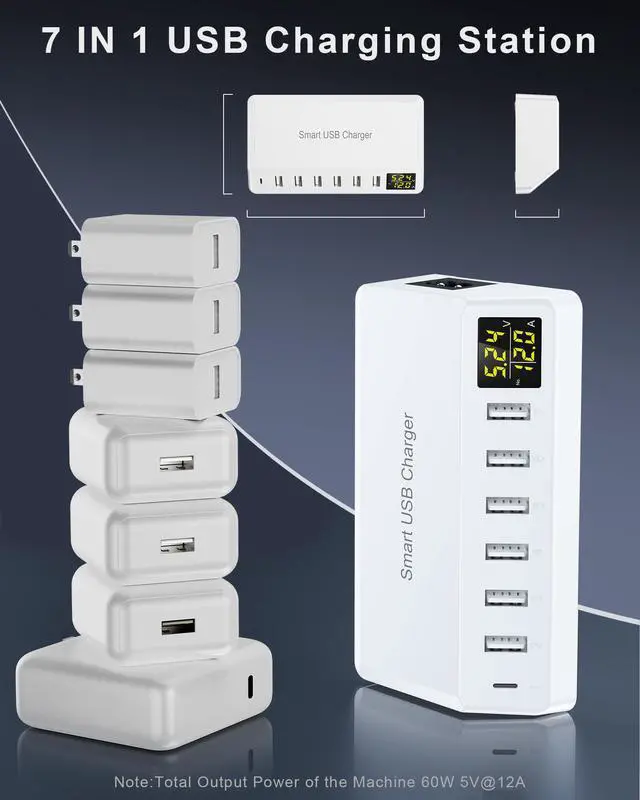 Alt view image 6 of 7 - USB Charger 60W 7-Port USB Desktop Charger with LED Screen, Multi-Device Charging Station with Real-Time Power Monitoring for Phone,Fast Charging Hub for Home, Office, Travel (White)