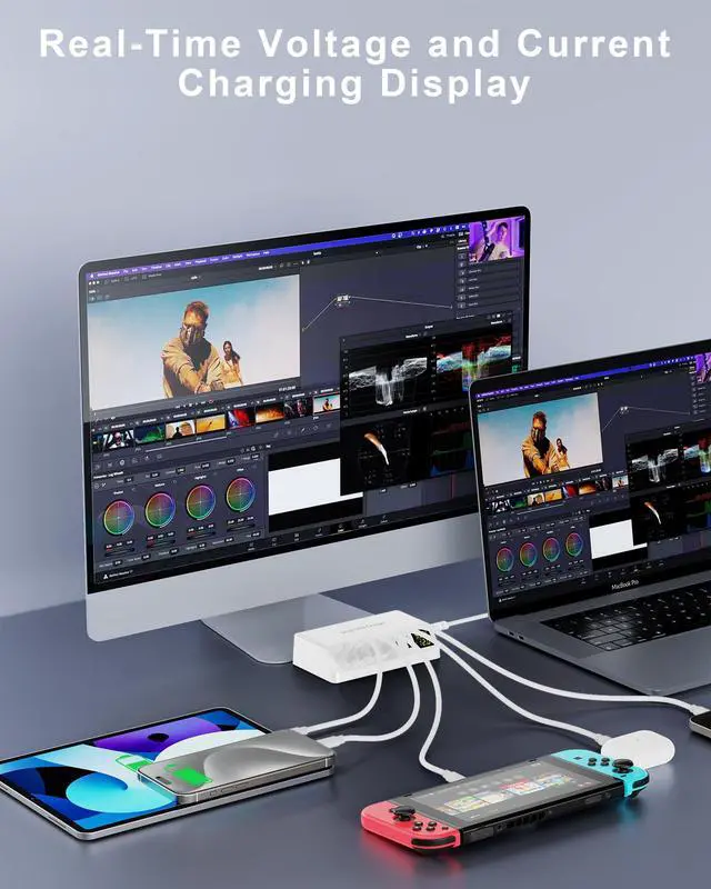 Alt view image 7 of 7 - USB Charger 60W 7-Port USB Desktop Charger with LED Screen, Multi-Device Charging Station with Real-Time Power Monitoring for Phone,Fast Charging Hub for Home, Office, Travel (White)