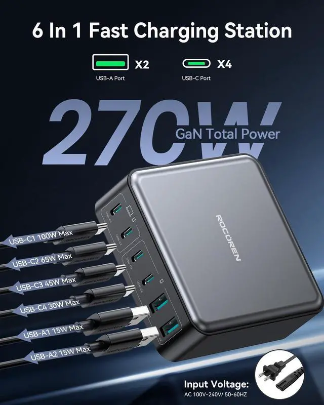 Alt view image 2 of 7 - 270W USB C Charger Block, 6 Port Multi USB-C Charging Station,100W PD Fast USBC Gan Charger Station Hub Dock for Multiple Devices, Laptop Type C for MacBook/iPhone 17/iPad/Galaxy S25 (Black)