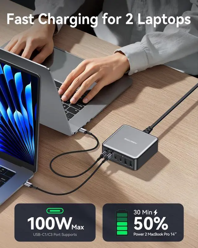 Alt view image 3 of 7 - 270W USB C Charger Block, 6 Port Multi USB-C Charging Station,100W PD Fast USBC Gan Charger Station Hub Dock for Multiple Devices, Laptop Type C for MacBook/iPhone 17/iPad/Galaxy S25 (Black)