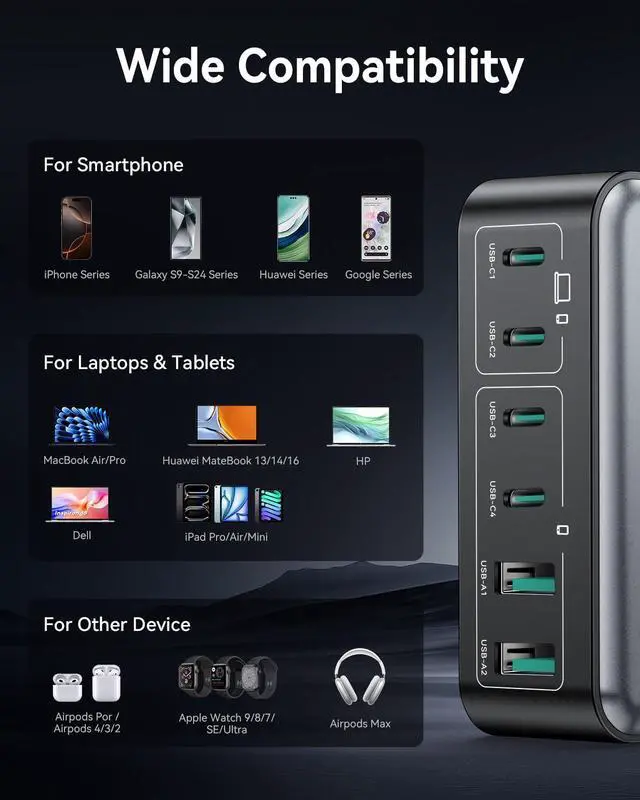 Alt view image 7 of 7 - 270W USB C Charger Block, 6 Port Multi USB-C Charging Station,100W PD Fast USBC Gan Charger Station Hub Dock for Multiple Devices, Laptop Type C for MacBook/iPhone 17/iPad/Galaxy S25 (Black)